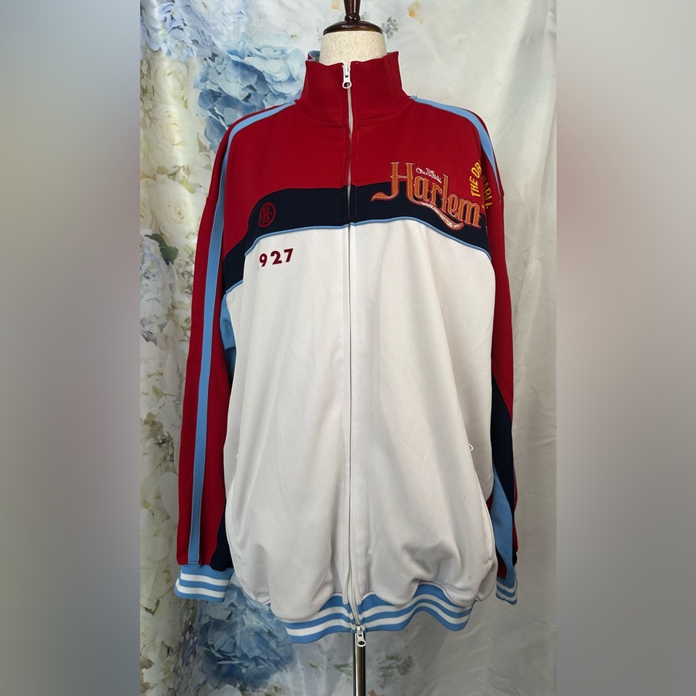 FUBU Men's Harlem Globe Trotters Platinum FUBU White and Blue Performance Jacket